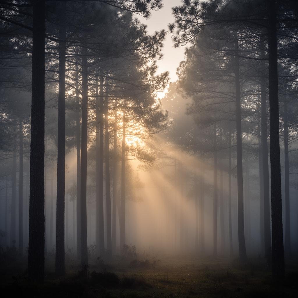 Floresta de pinheiros e araucárias ao amanhecer na Serra Gaúcha